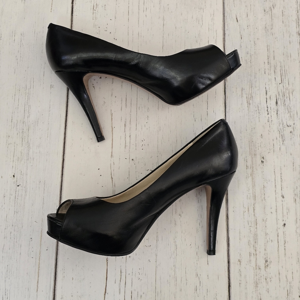 Nine West Black Leather Peep-Toe Heels
